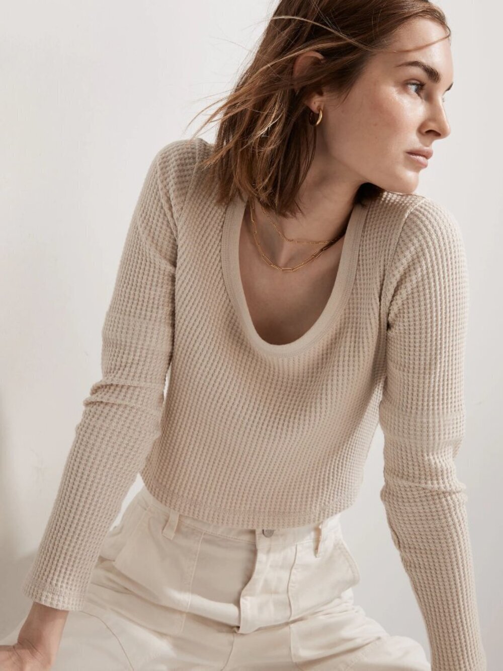 Madewell MWL Waffle Long-Sleeve Crop Tee in Harvest Moon M